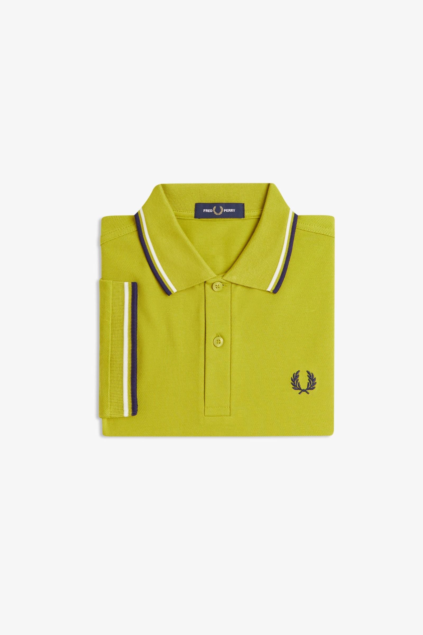Yellow polo shirt with black trim on a white background