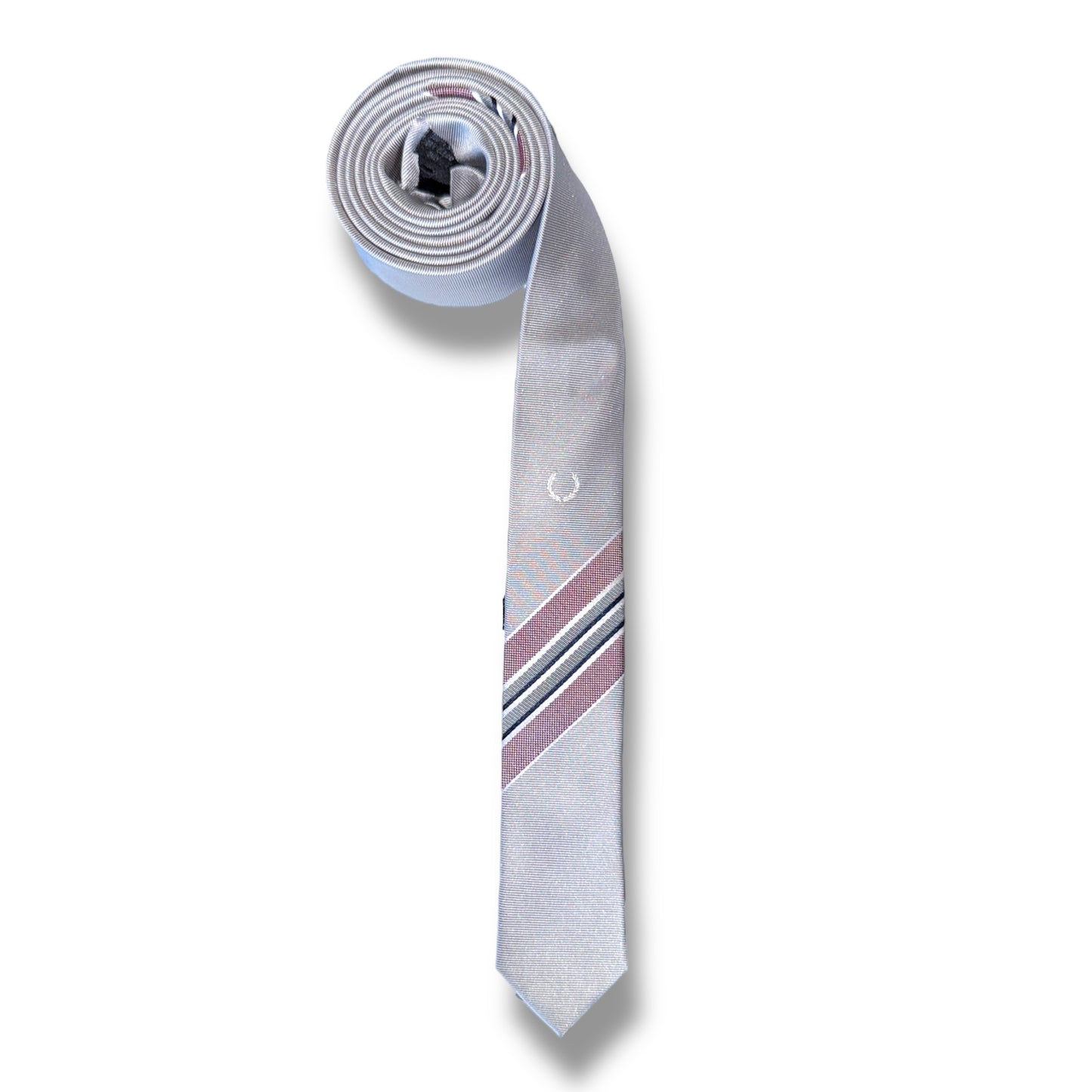 Gray necktie with pink stripes on a white background