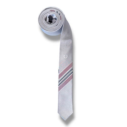 Gray necktie with pink stripes on a white background