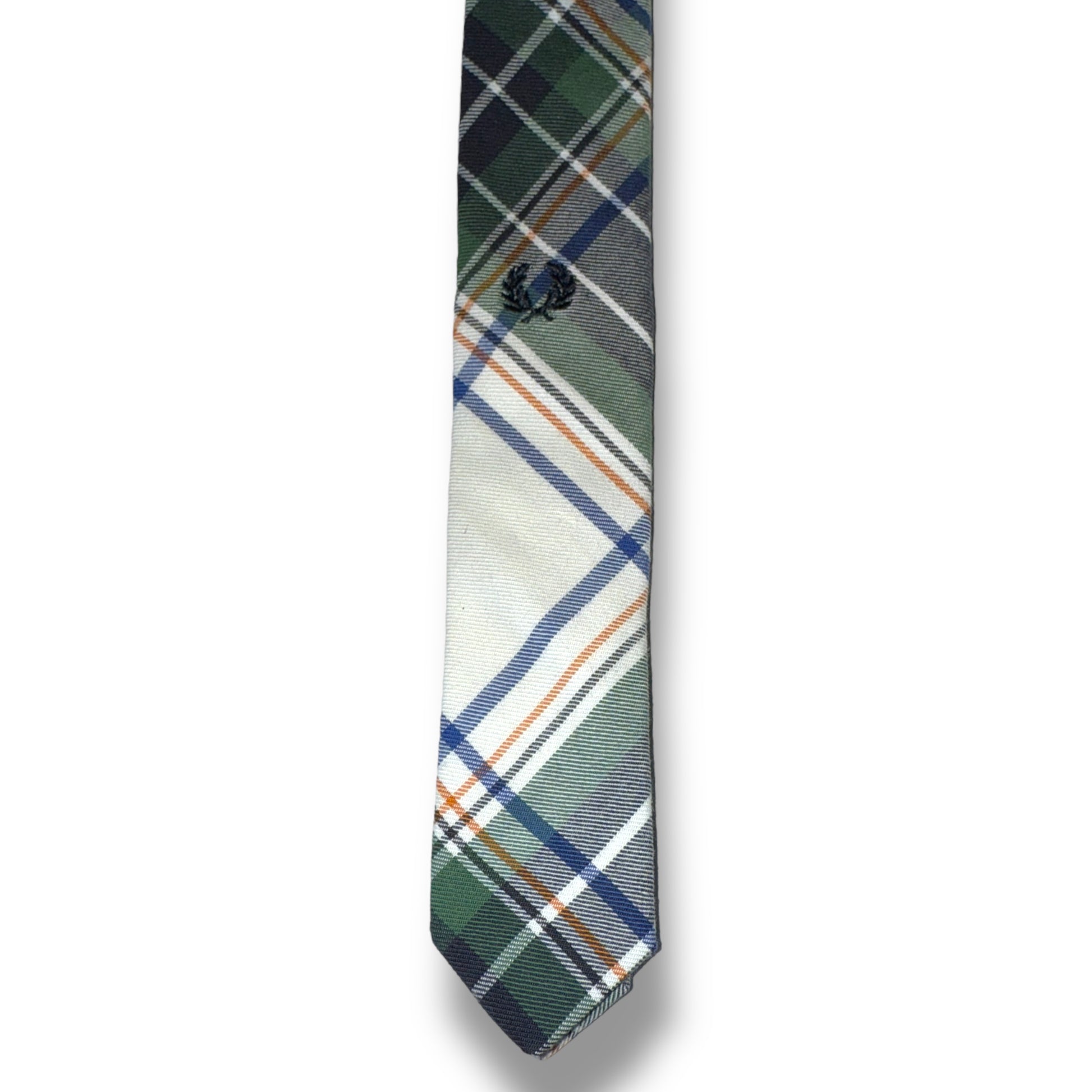 Plaid tie with green, blue, and white pattern on a white background