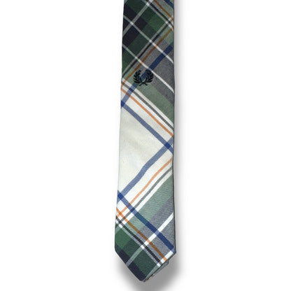 Plaid tie with green, blue, and white pattern on a white background