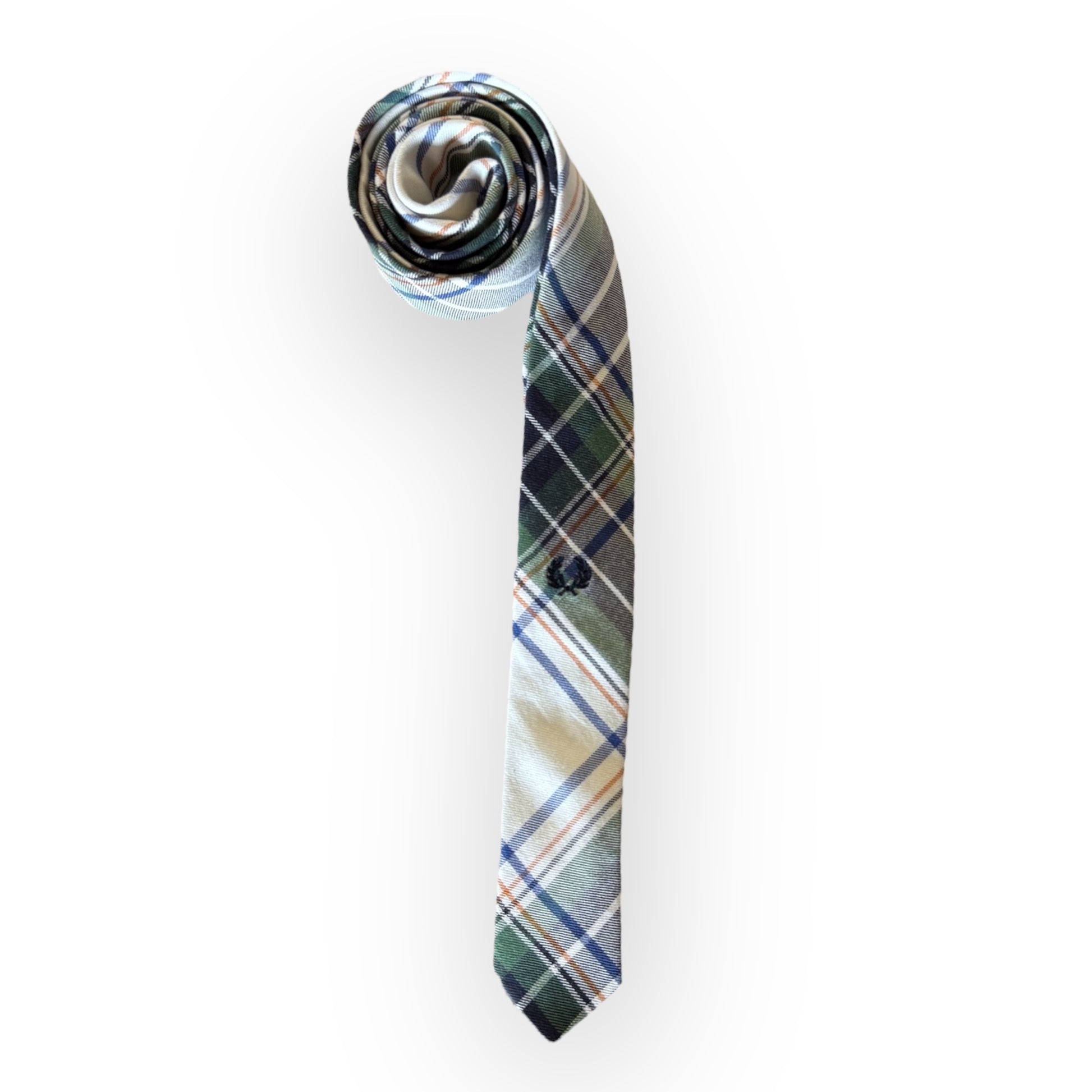 A necktie with a plaid pattern in multiple colors, predominantly in shades of blue and green.