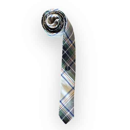 A necktie with a plaid pattern in multiple colors, predominantly in shades of blue and green.
