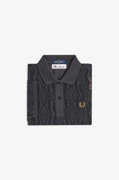 Black patterned polo shirt with embroidered design on a white background