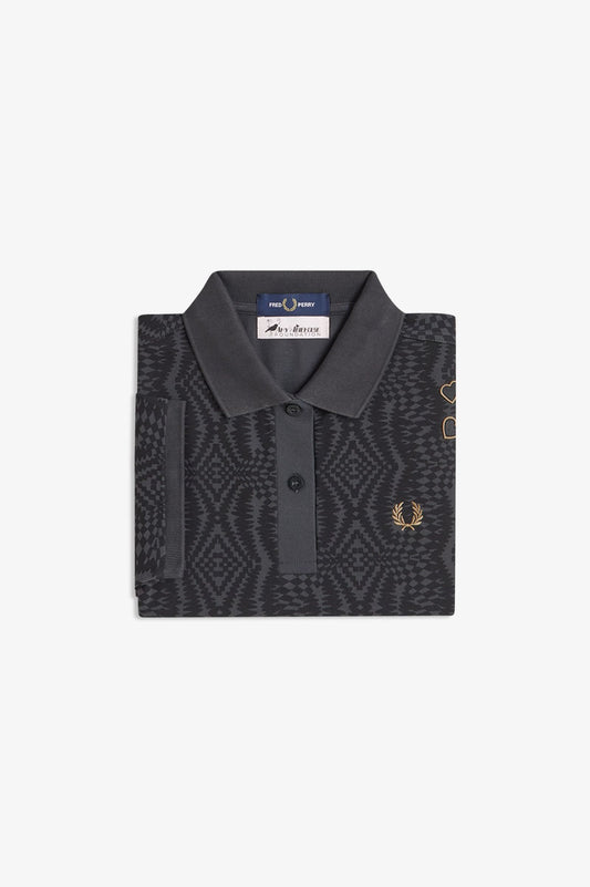 Black patterned polo shirt with embroidered design on a white background
