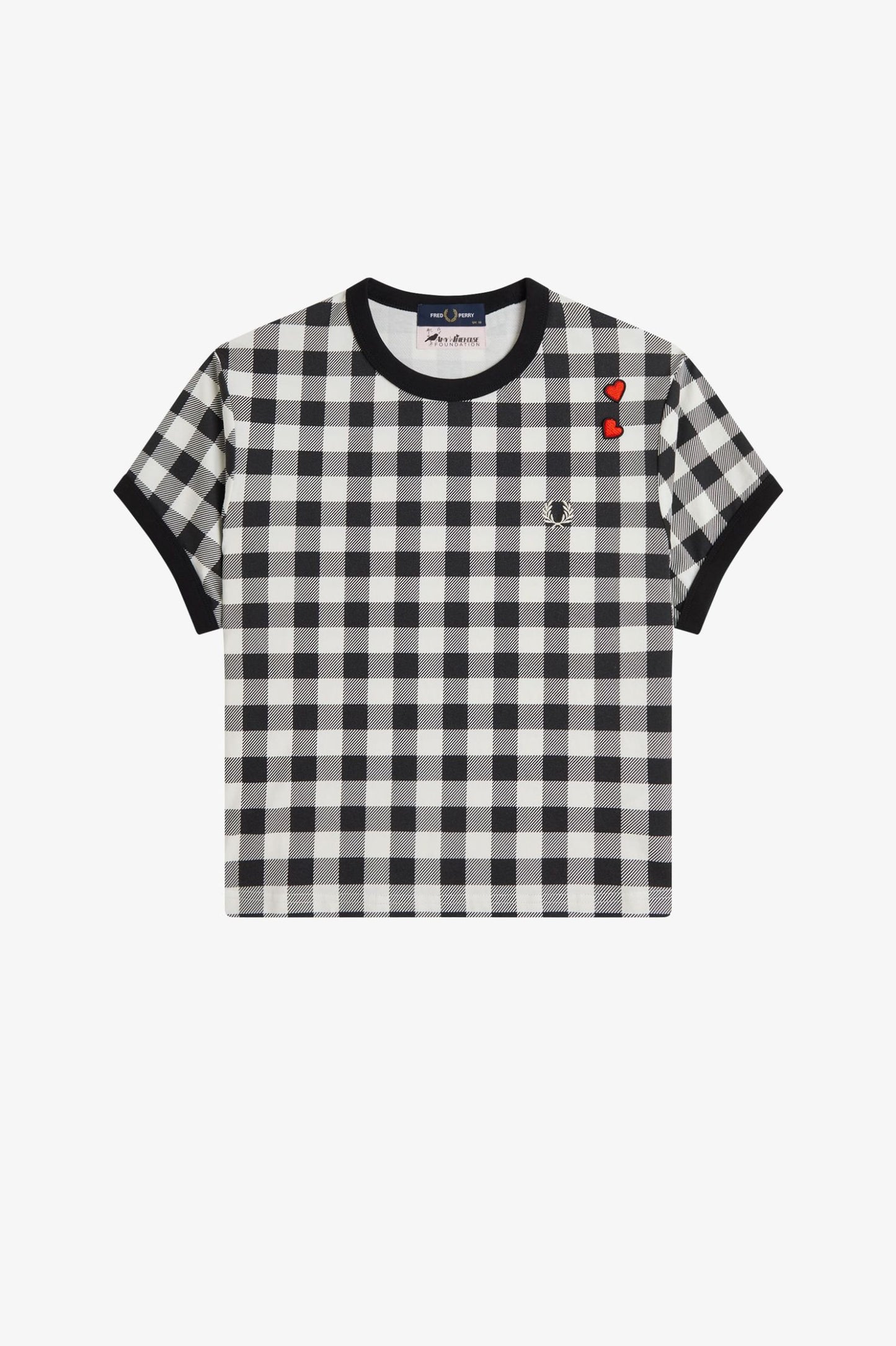 Black and white checkered t-shirt with red heart design on a white background