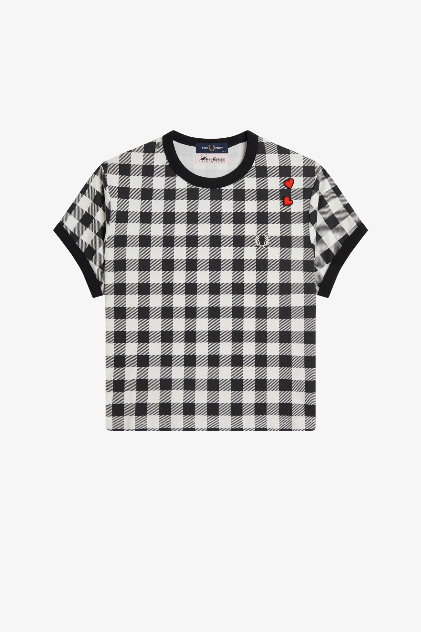 Black and white checkered t-shirt with red heart design on a white background