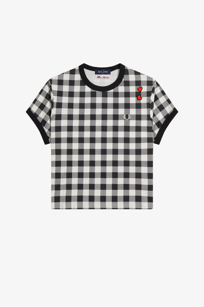 Black and white checkered t-shirt with red heart design on a white background