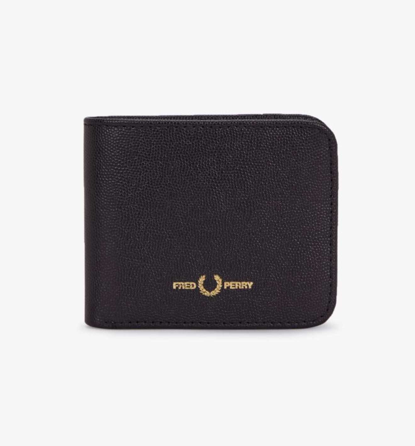 Black wallet with gold logo on a white background