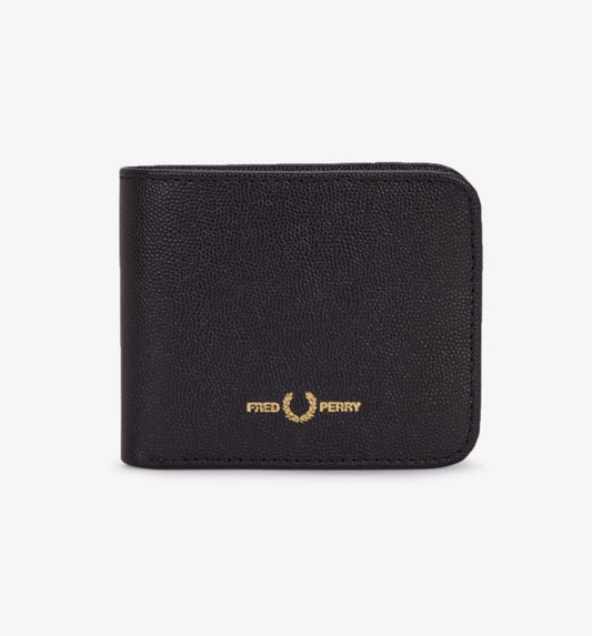 Black wallet with gold logo on a white background