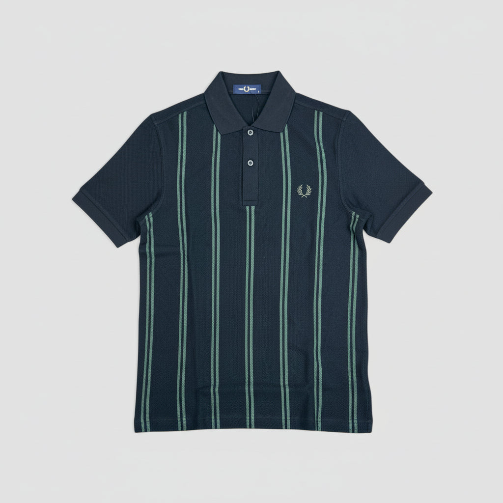 A black and green striped polo shirt by Fred Perry displayed against a neutral background.