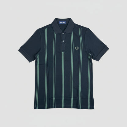 A black and green striped polo shirt by Fred Perry displayed against a neutral background.
