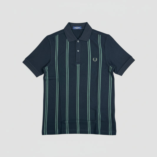 A black and green striped polo shirt by Fred Perry displayed against a neutral background.