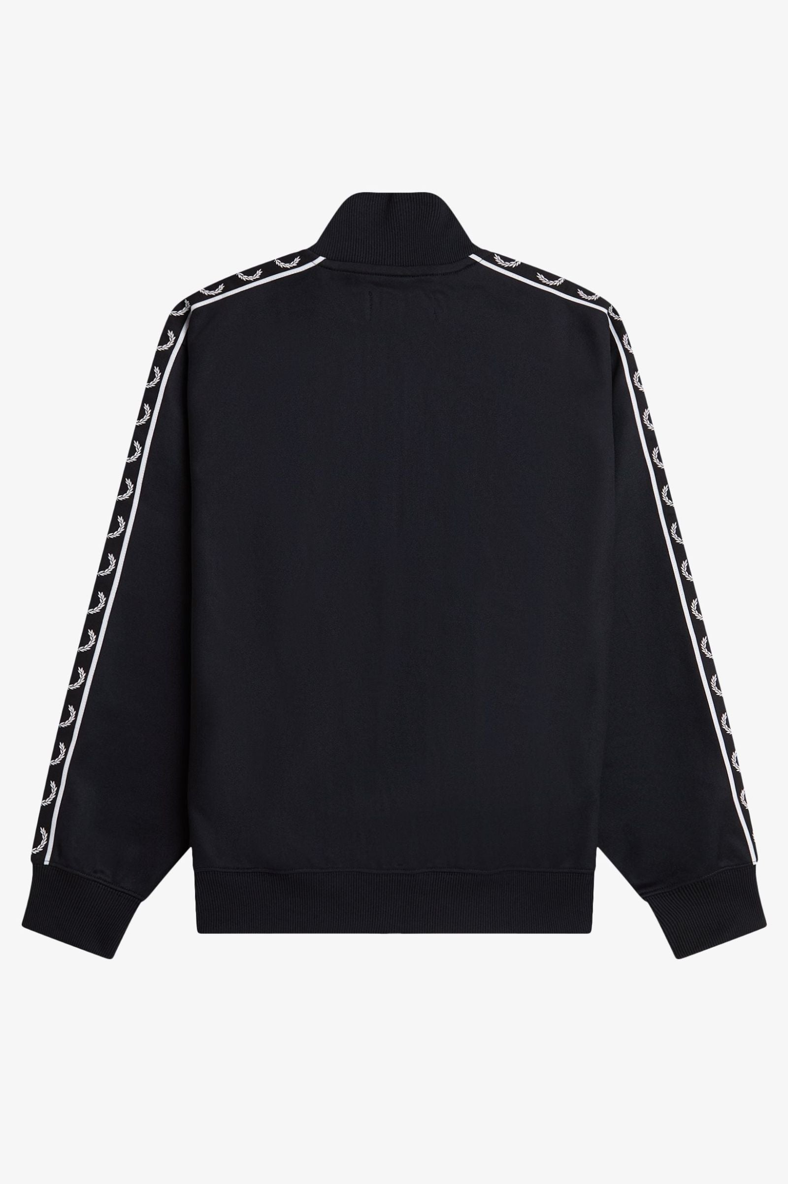 Black jacket with white tape details on sleeves against a white background