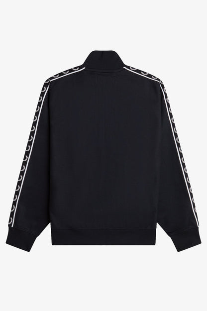 Black jacket with white tape details on sleeves against a white background