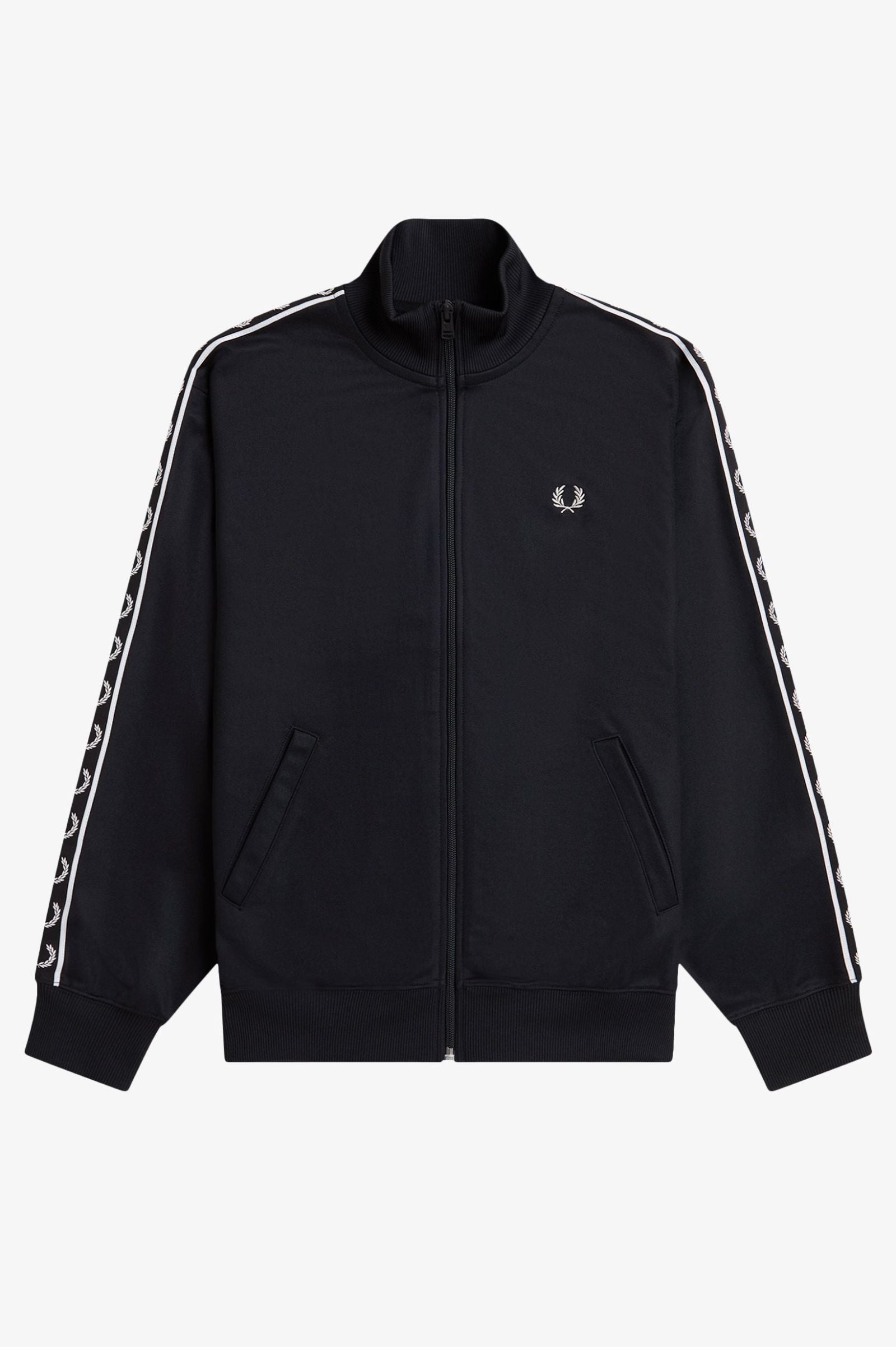 Black tracksuit jacket with white stripes on sleeves and brand logo on a white background