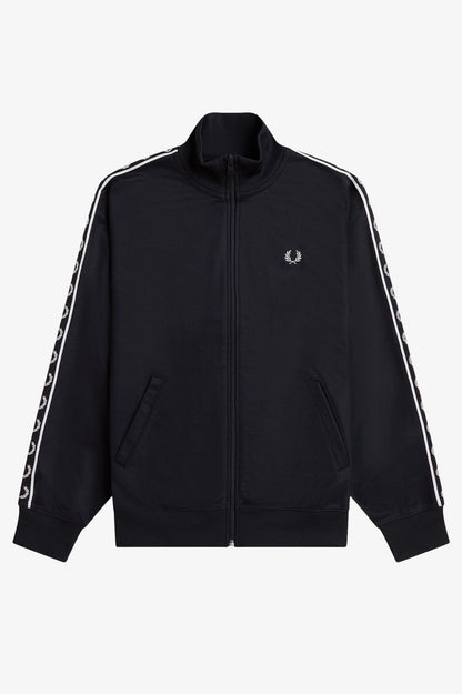 Black tracksuit jacket with white stripes on sleeves and brand logo on a white background