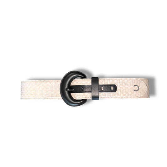 A white straw waist belt with a black buckle, laid flat on a plain background.