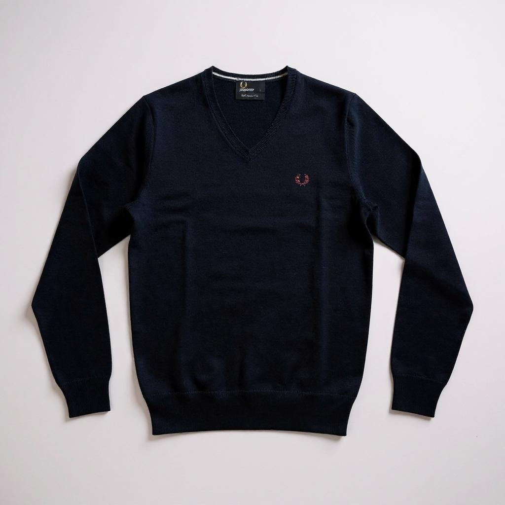 Navy blue sweater with a small logo on a light gray background