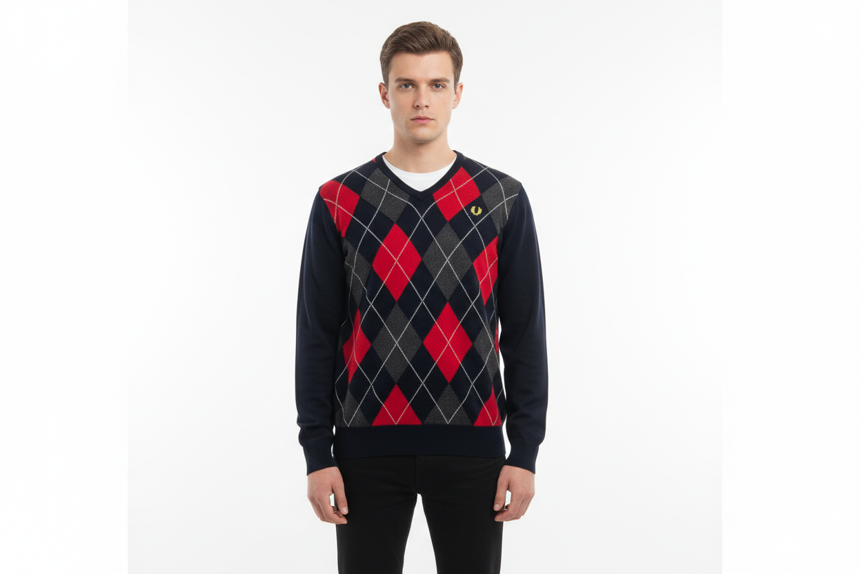 Man wearing a black and red argyle sweater on a white background