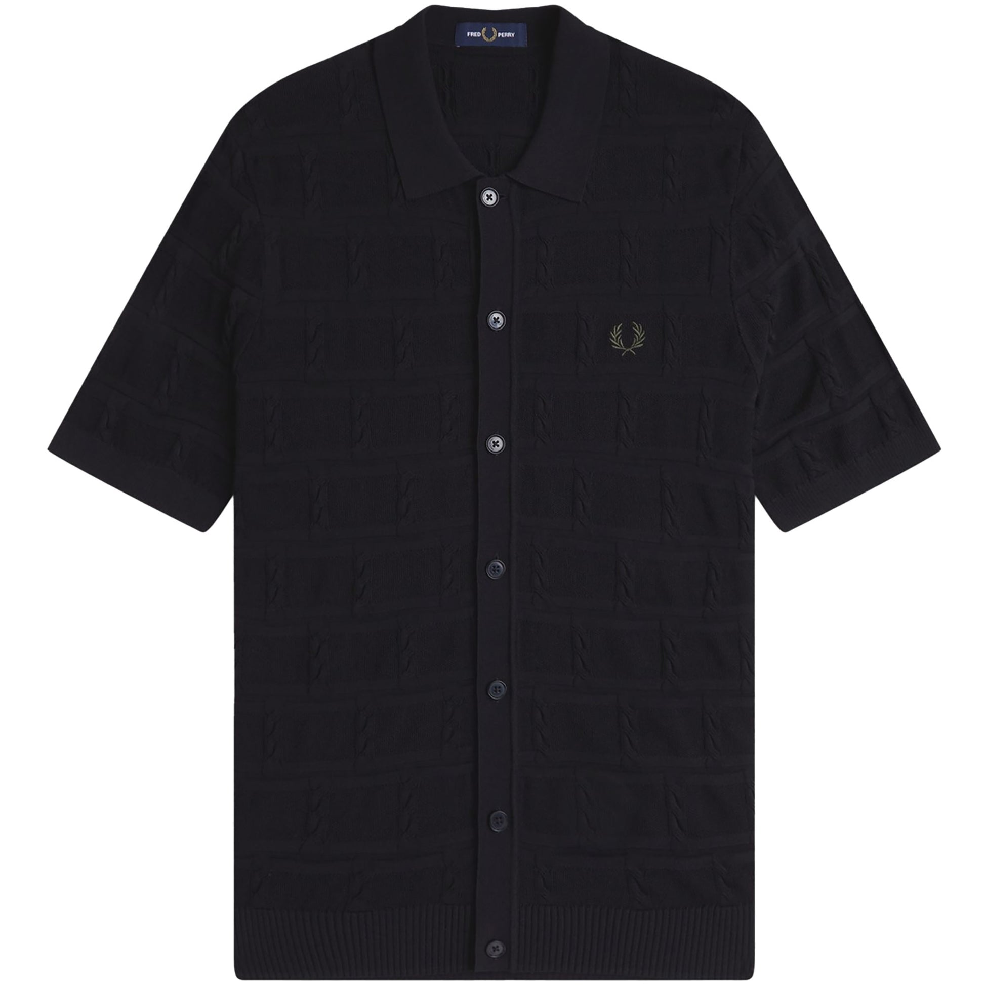 A black Fred Perry cable knitted short sleeve shirt with a crew neckline and a visible brand logo on the left chest.