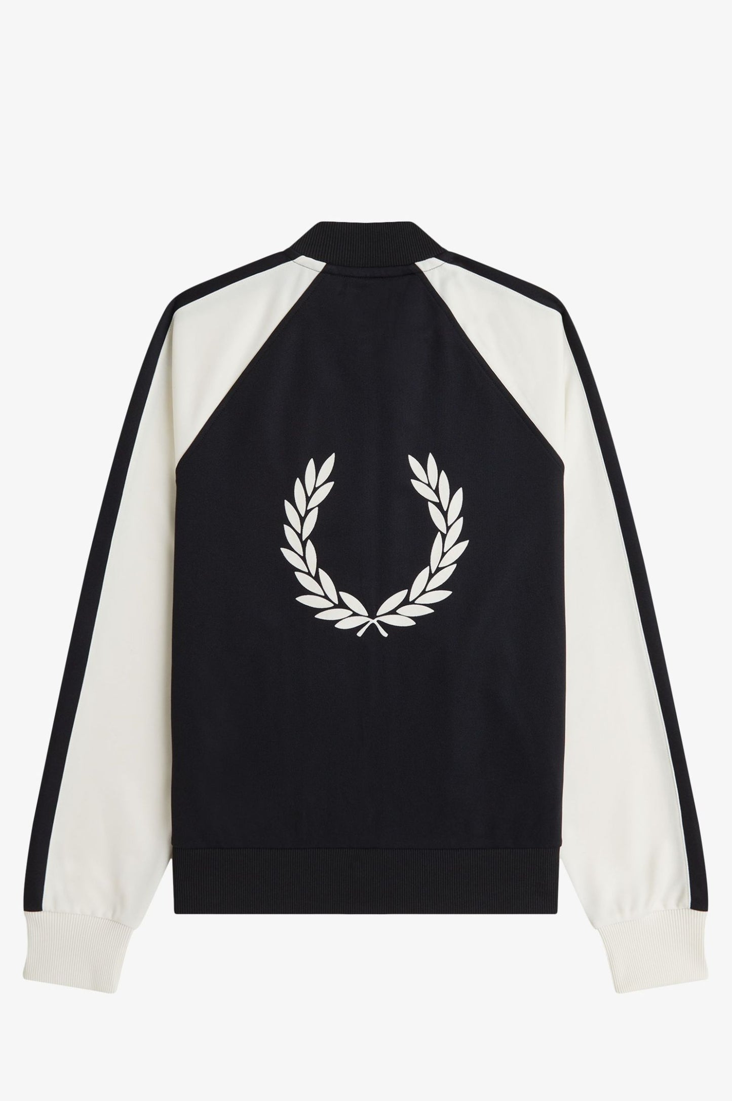 Black and white jacket with a logo on a white background