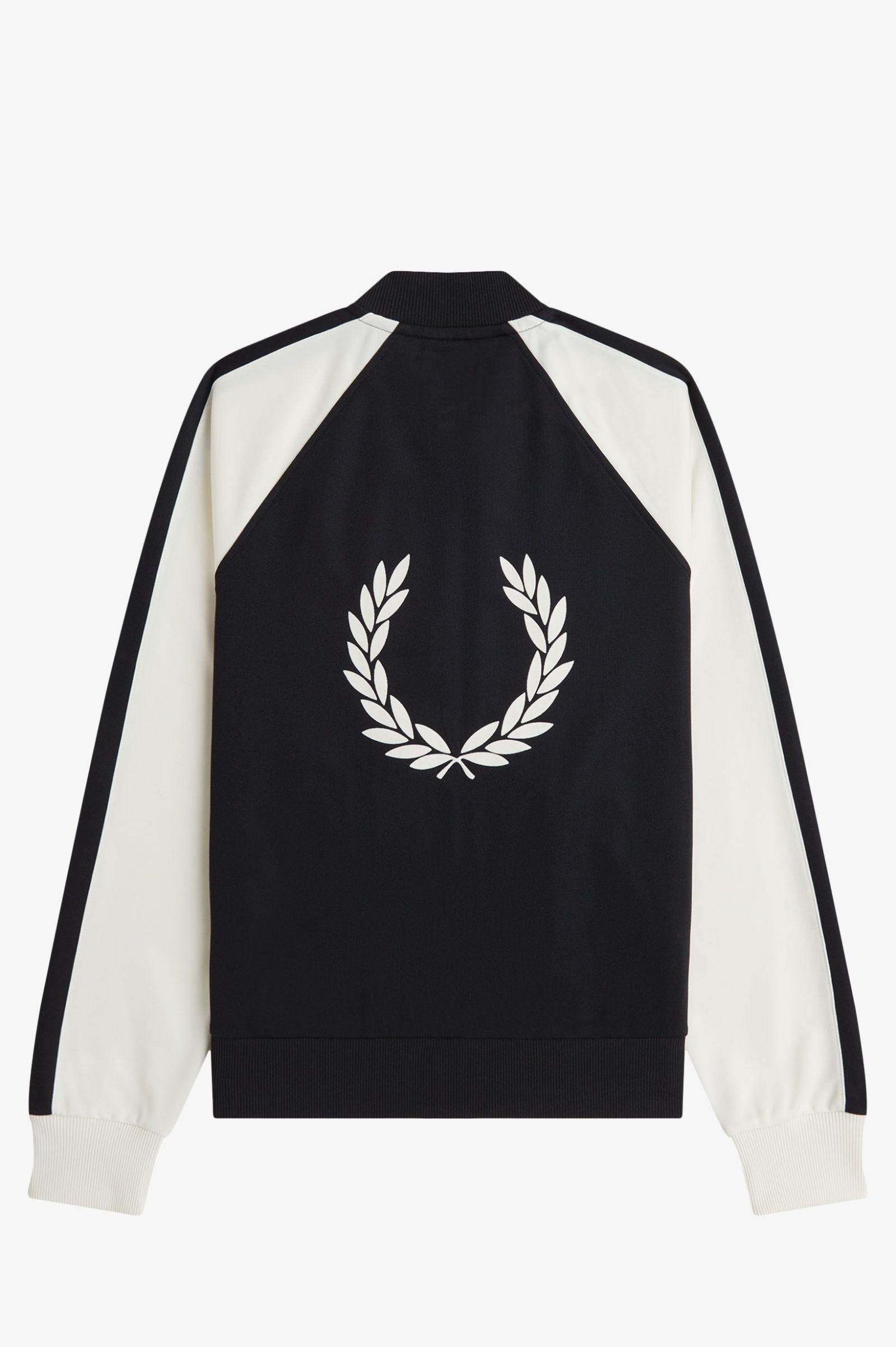 Black and white jacket with a logo on a white background