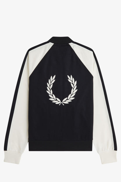 Black and white jacket with a logo on a white background