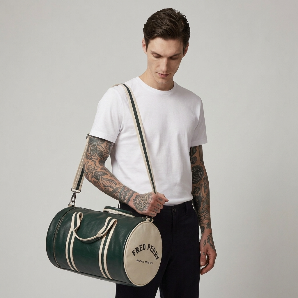 A man wearing a white t-shirt and dark pants carries a green and cream circular duffel bag with the brand name 'FRED PERRY' printed on the front, against a plain light gray background.