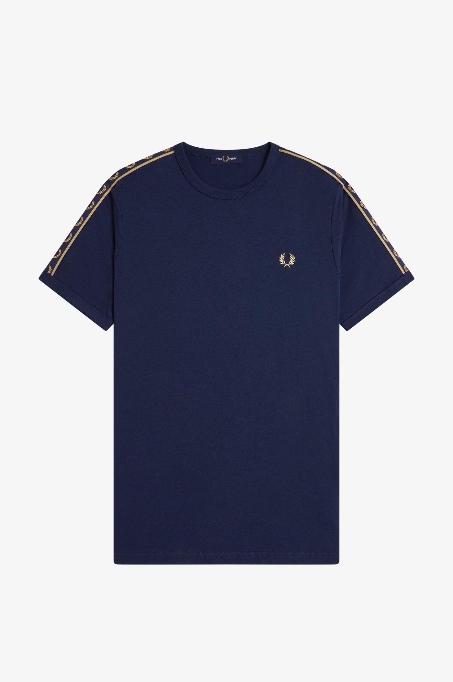 Navy t-shirt with gold accents on a white background