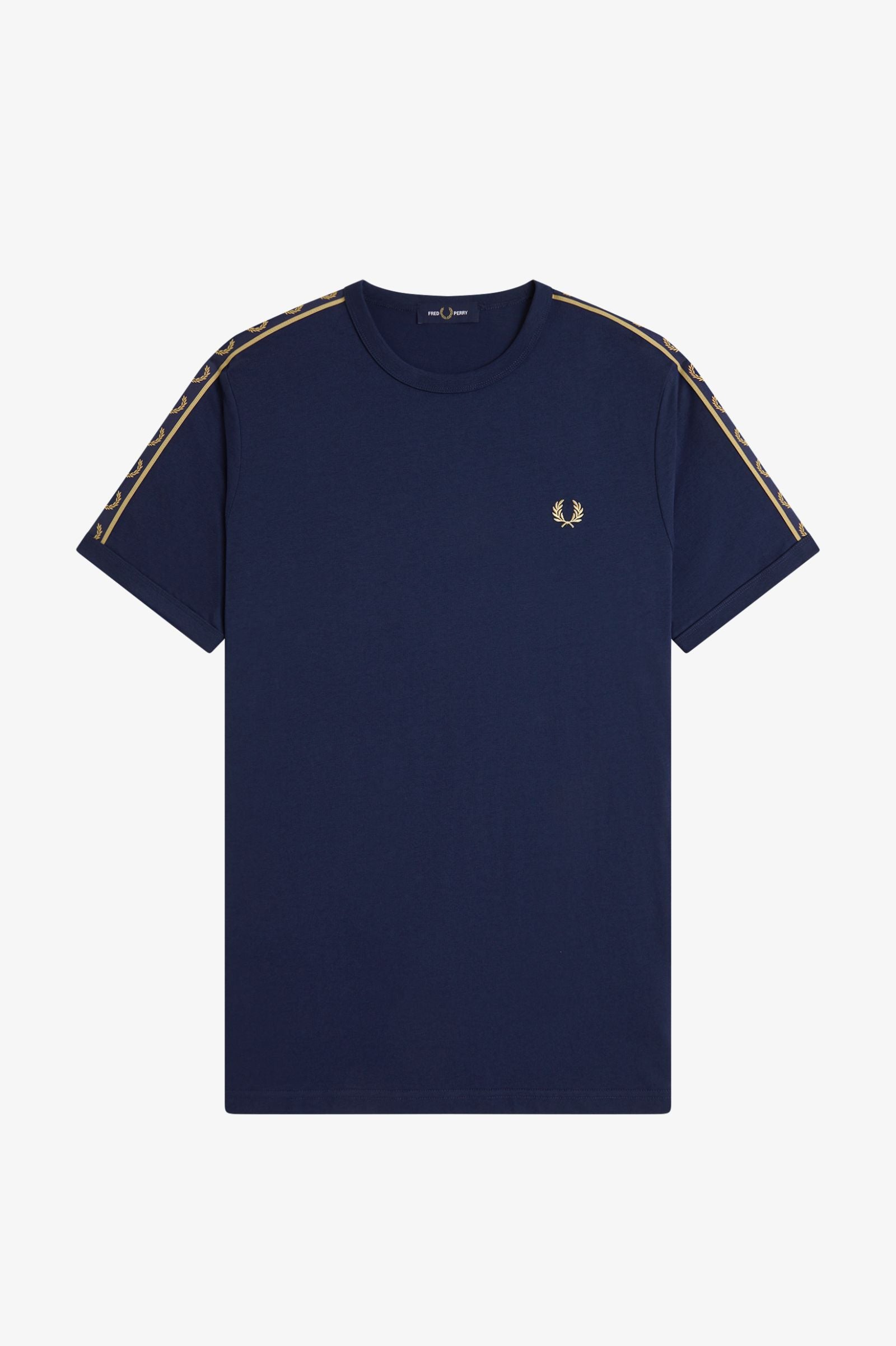 Navy t-shirt with gold accents on a white background