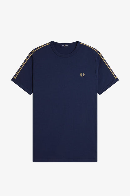 Navy t-shirt with gold accents on a white background