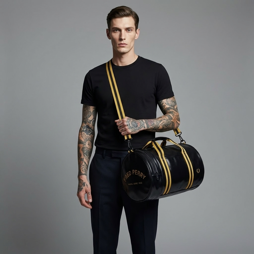 A tattooed male model wearing a black t-shirt and trousers carries a black cylindrical duffel bag with gold stripes and 'FRED PERRY' branding against a solid gray studio background.