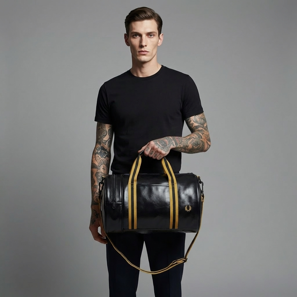 A man with tattooed arms holds a black leather duffel bag with gold trim and a gold shoulder strap against a solid gray studio background.