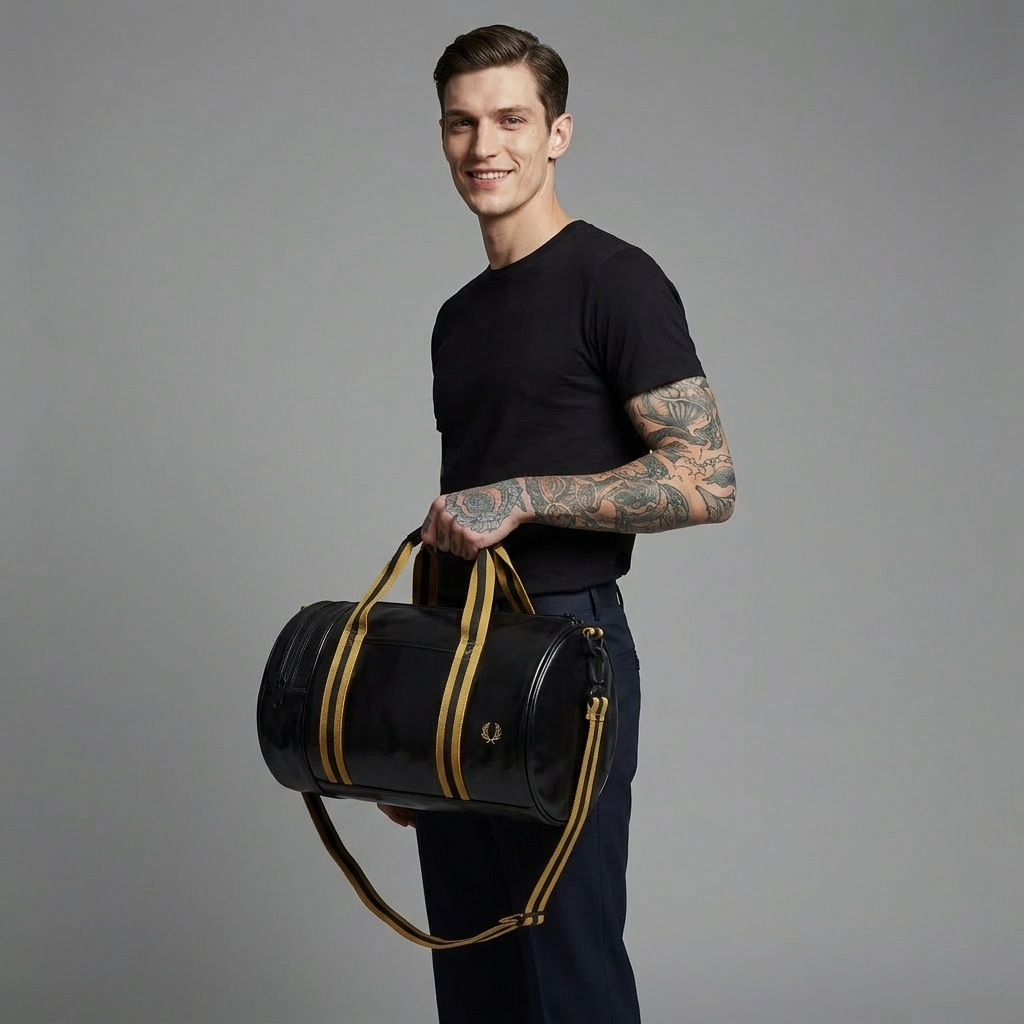 A man with tattoos holds a black leather duffel bag with gold trim and handles against a solid gray studio background. The bag features a gold embroidered laurel leaf logo on the front.