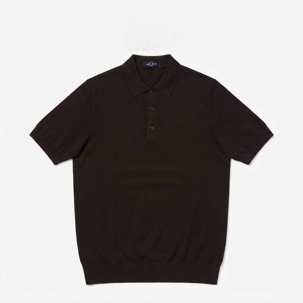 A dark brown short-sleeve polo shirt with a three-button placket, laid flat against a light gray background.
