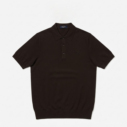 A dark brown short-sleeve polo shirt with a three-button placket, laid flat against a light gray background.