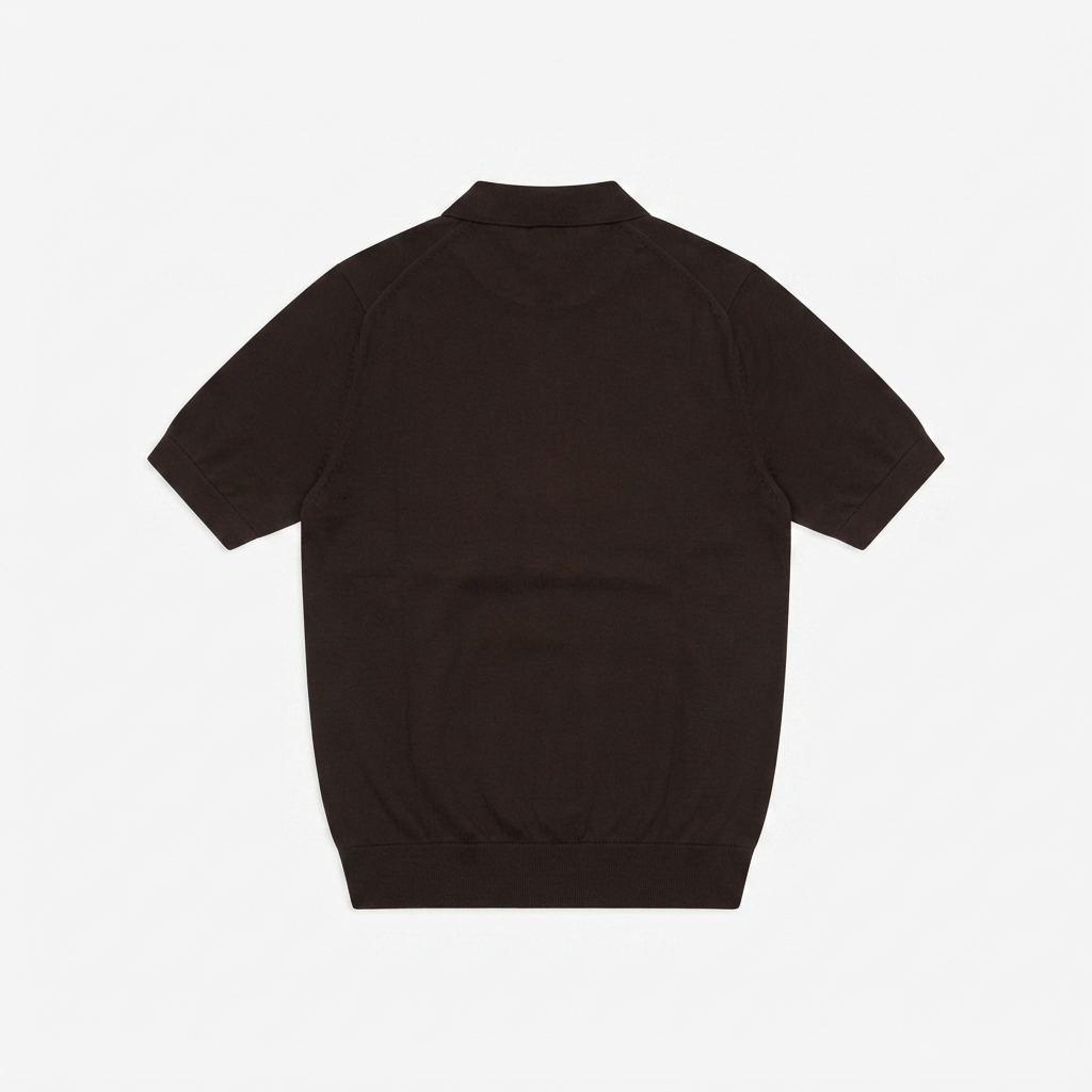 A dark brown short-sleeve knit polo shirt shown from the back, laid flat against a light gray background.