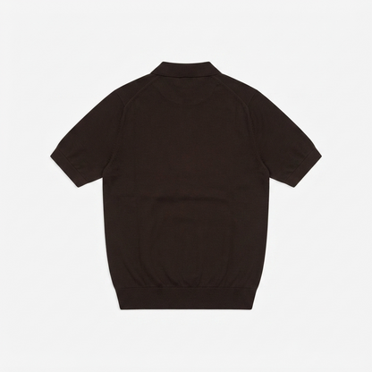 A dark brown short-sleeve knit polo shirt shown from the back, laid flat against a light gray background.