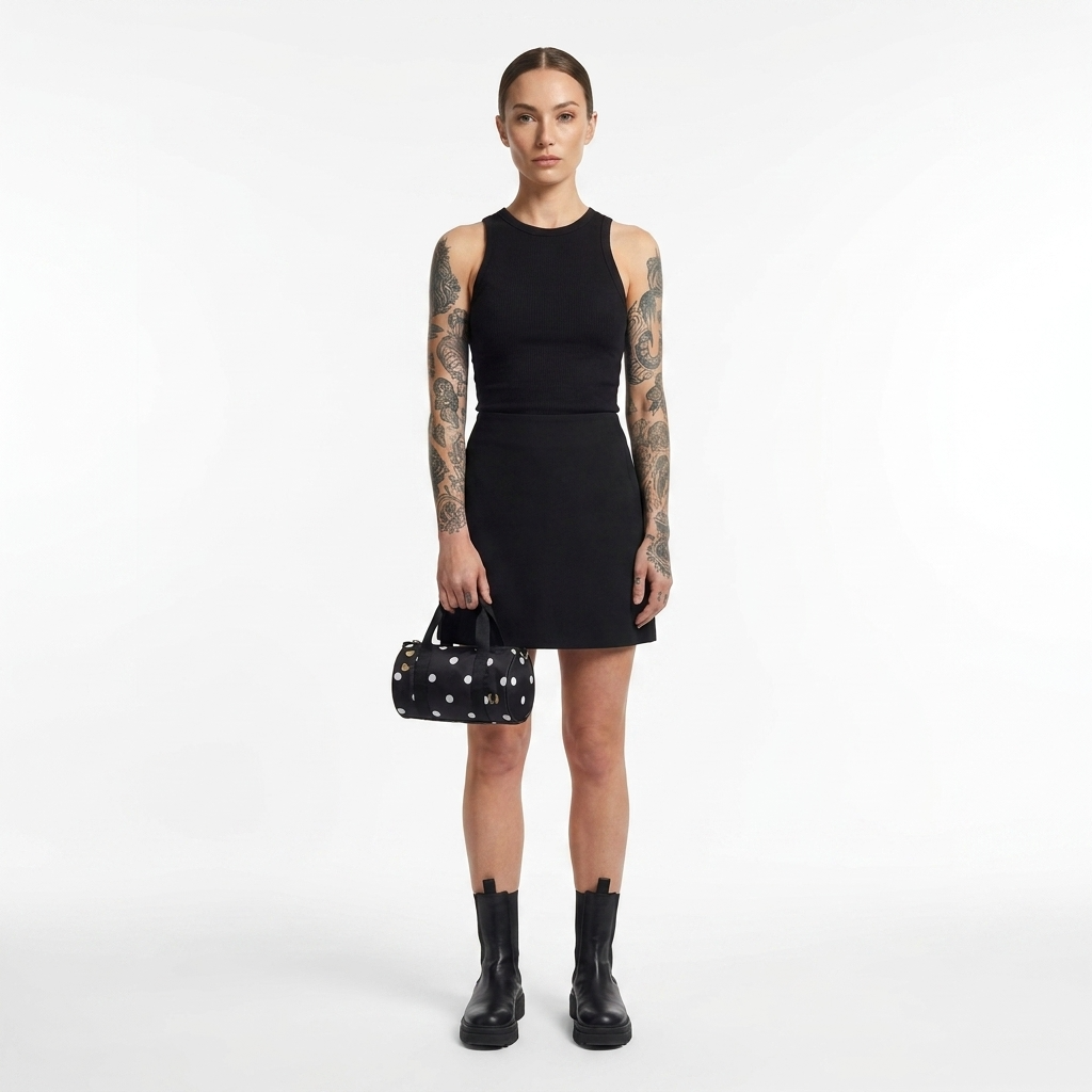 A model with tattoos stands against a light gray studio background wearing a sleeveless black mini dress, black ankle boots, and holding a small black handbag with white polka dots.