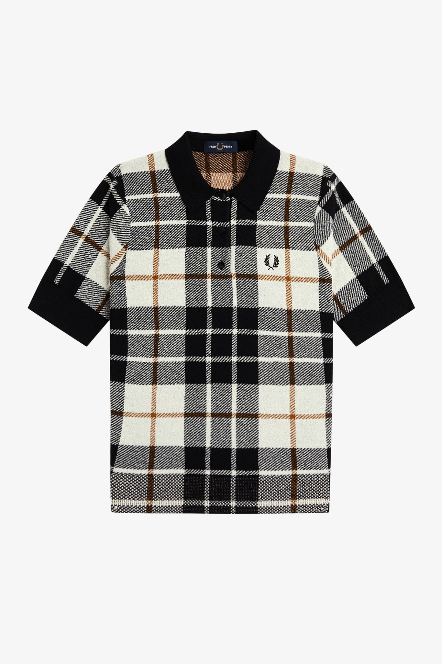 A short-sleeve knit polo shirt by Fred Perry featuring a black, beige, and white plaid pattern with a black collar and sleeve cuffs. The iconic embroidered laurel wreath logo is visible on the left chest.