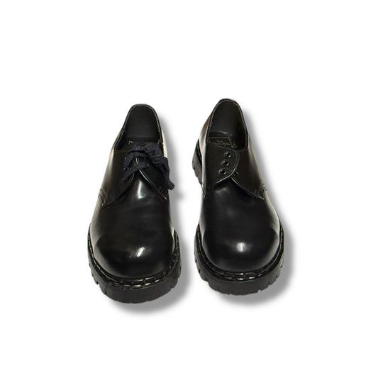 Pair of black leather shoes on a white background