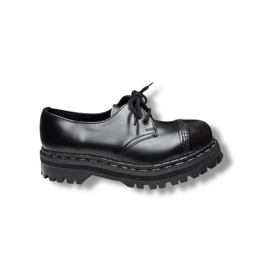 A black smooth leather steel cap shoe with a lace-up closure and a flat sole.