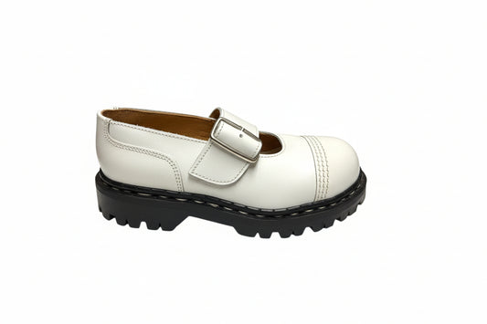 A white leather sandal with a steel sole and a buckle closure.