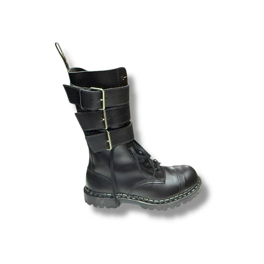 A black leather boot with 14 eyelets and a strap detail, featuring a lace-up closure and a round toe style.