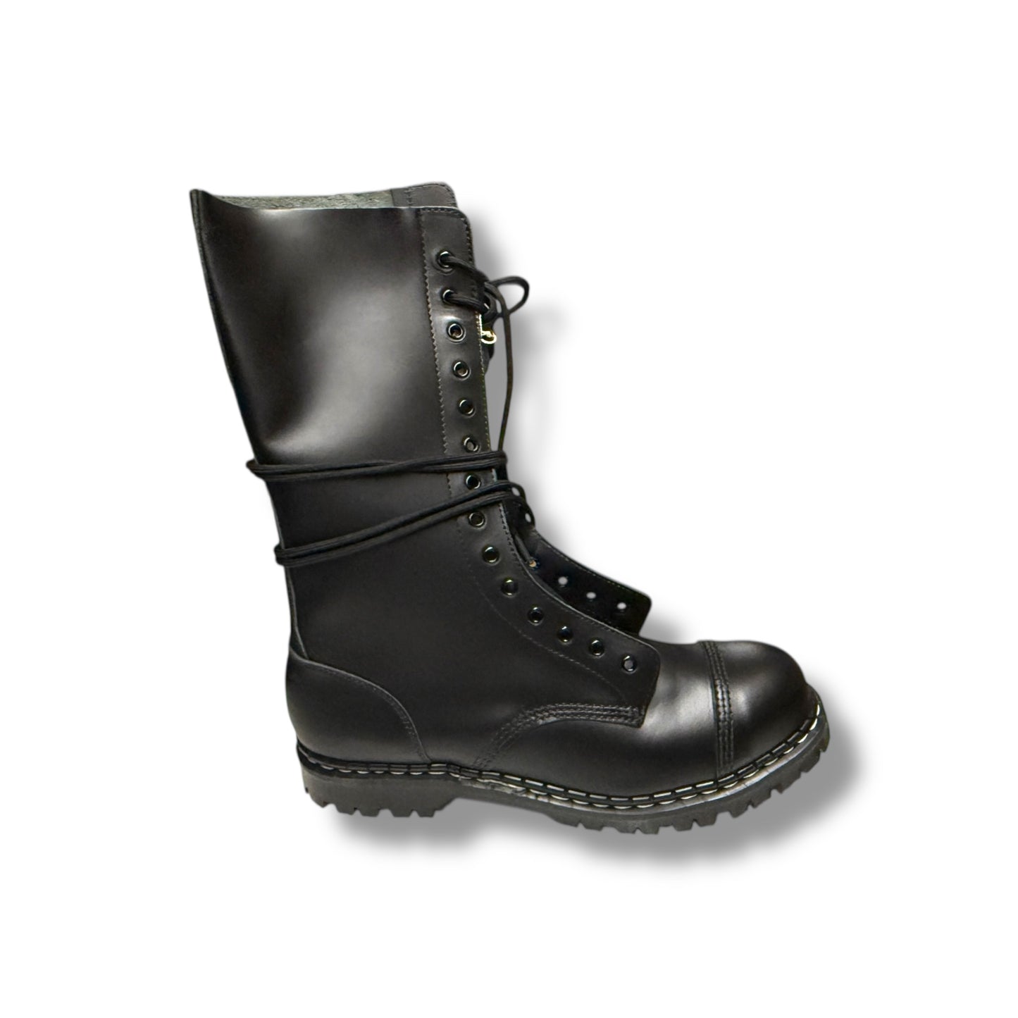 A black lace-up boot with a steel cap and a high upper limit.