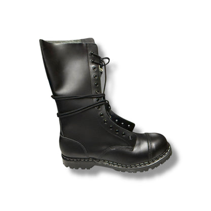 A black lace-up boot with a steel cap and a high upper limit.