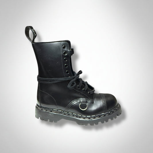 A black leather boot with a steel cap and 10 eyelets for laces, set against a white background.