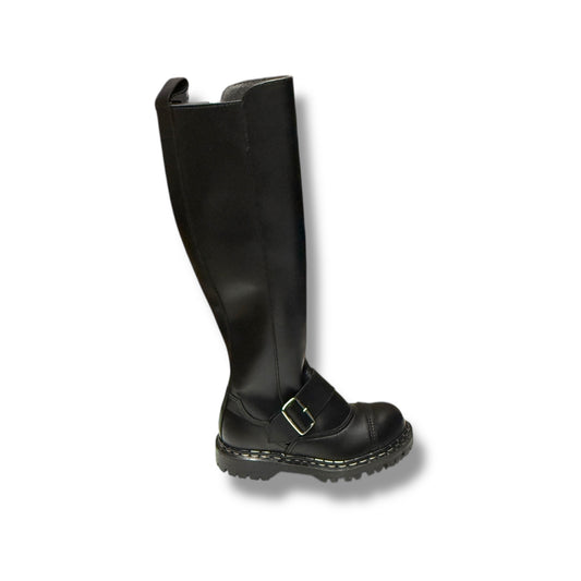 Black knee-high boot with a buckle on a white background