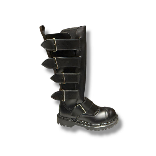 A black leather boot with multiple straps and a steel cap, featuring a gripfast sole.